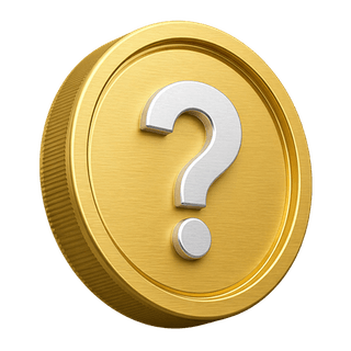 Pièce en or 3D avec point d'interrogation, élément décoratif présent sur la page FAQ